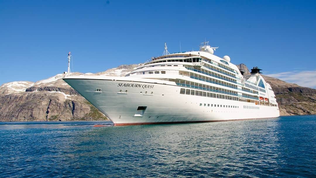 Seabourn Quest ultra-luxury cruise ship sailing in Greenland through the Prince Christian Sound waterway